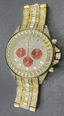 Techno Pave Mens Wristwatch Gold Tone Iced Out Rhinestone Red Dial Hip Hop Watch